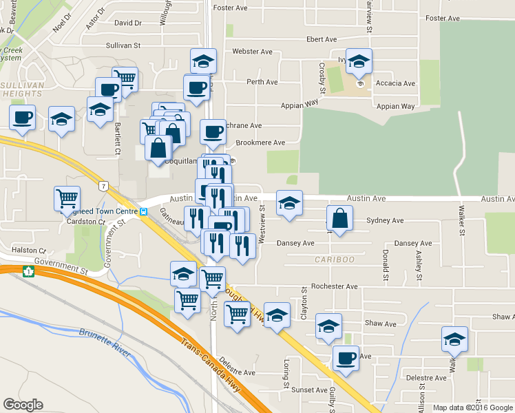 map of restaurants, bars, coffee shops, grocery stores, and more near in Coquitlam