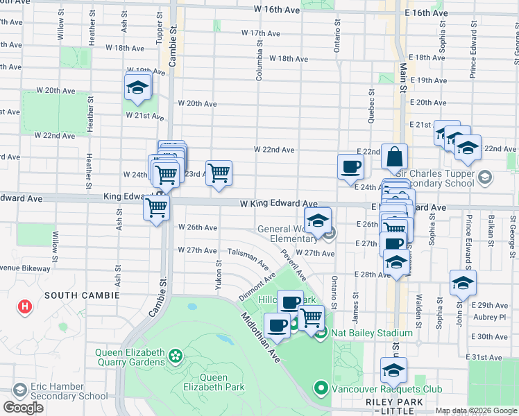 map of restaurants, bars, coffee shops, grocery stores, and more near in Vancouver