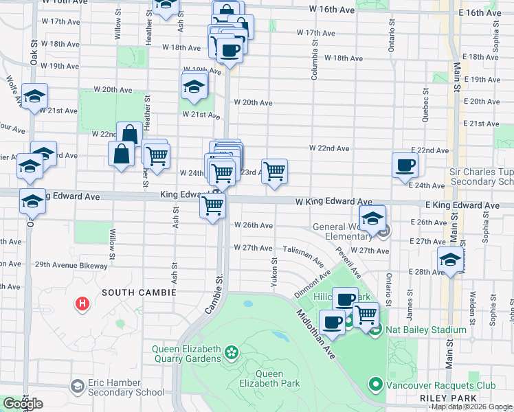 map of restaurants, bars, coffee shops, grocery stores, and more near in Vancouver