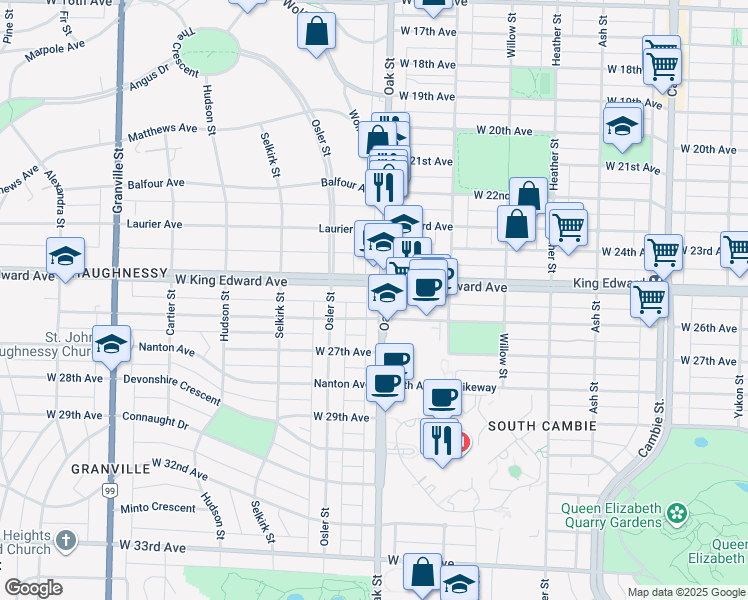 map of restaurants, bars, coffee shops, grocery stores, and more near in Vancouver