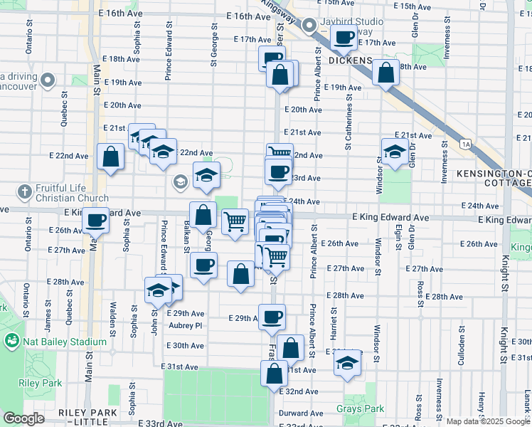 map of restaurants, bars, coffee shops, grocery stores, and more near 654 East King Edward Avenue in Vancouver