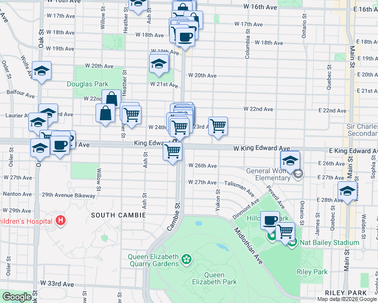 map of restaurants, bars, coffee shops, grocery stores, and more near 4118 Cambie Street in Vancouver