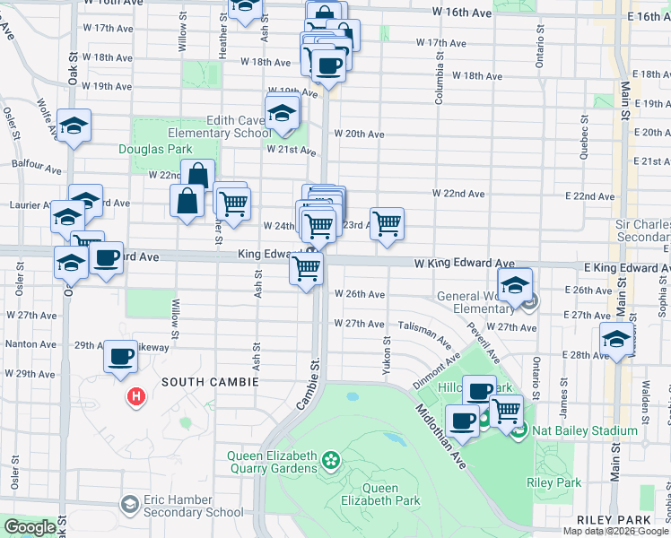 map of restaurants, bars, coffee shops, grocery stores, and more near 4118 Cambie Street in Vancouver