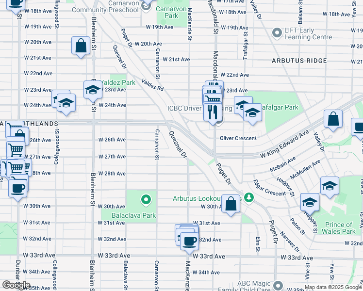 map of restaurants, bars, coffee shops, grocery stores, and more near in Vancouver