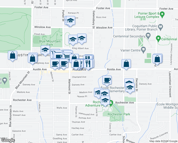 map of restaurants, bars, coffee shops, grocery stores, and more near 1150 Austin Avenue in Coquitlam