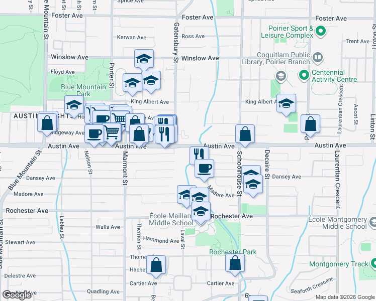 map of restaurants, bars, coffee shops, grocery stores, and more near 1320 Austin Avenue in Coquitlam