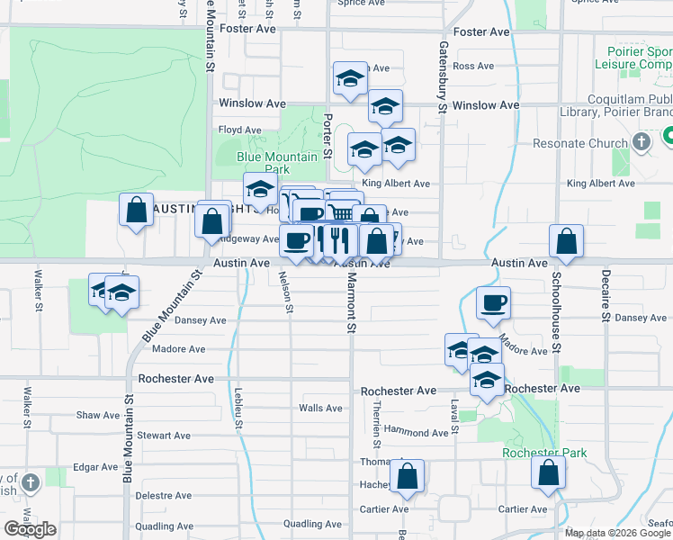 map of restaurants, bars, coffee shops, grocery stores, and more near 1046 Austin Avenue in Coquitlam