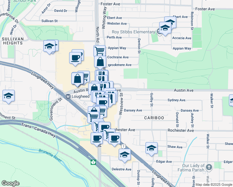 map of restaurants, bars, coffee shops, grocery stores, and more near 460 Westview Street in Coquitlam