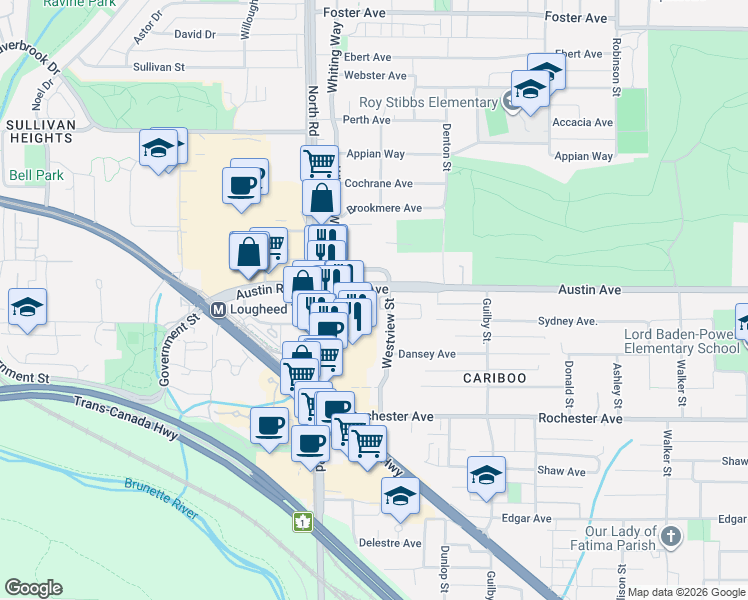 map of restaurants, bars, coffee shops, grocery stores, and more near 460 Westview Street in Coquitlam