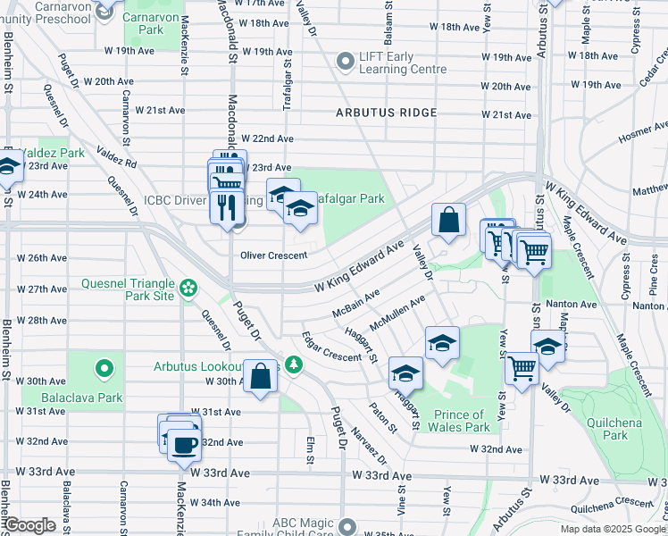 map of restaurants, bars, coffee shops, grocery stores, and more near 2605 West King Edward Avenue in Vancouver