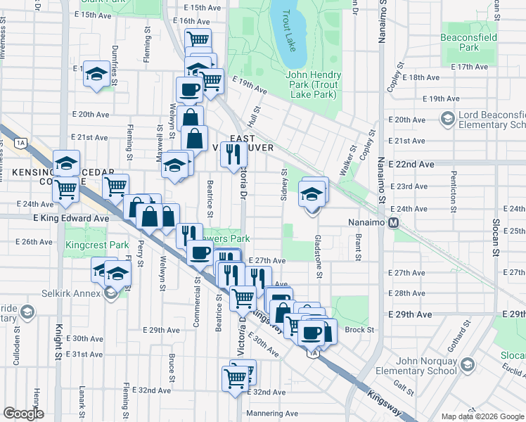 map of restaurants, bars, coffee shops, grocery stores, and more near 2047 East 25th Avenue in Vancouver