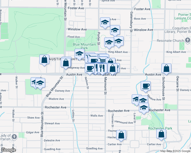 map of restaurants, bars, coffee shops, grocery stores, and more near 1046 Austin Avenue in Coquitlam