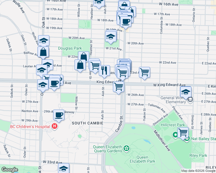 map of restaurants, bars, coffee shops, grocery stores, and more near 568 West King Edward Avenue in Vancouver