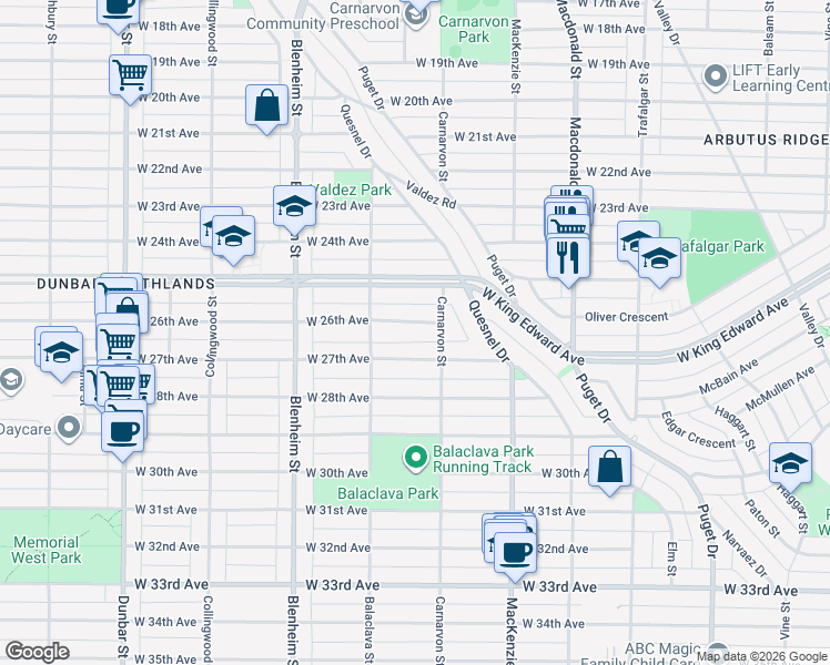 map of restaurants, bars, coffee shops, grocery stores, and more near 3072 West 26th Avenue in Vancouver