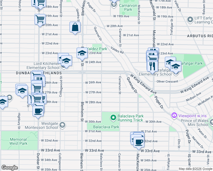 map of restaurants, bars, coffee shops, grocery stores, and more near 3150 West 26th Avenue in Vancouver