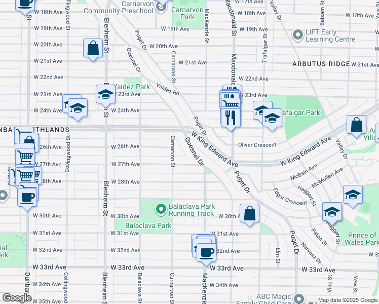 map of restaurants, bars, coffee shops, grocery stores, and more near 4233 Quesnel Drive in Vancouver