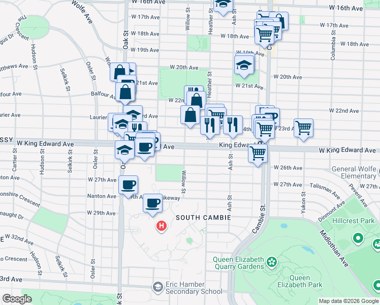 map of restaurants, bars, coffee shops, grocery stores, and more near 780 West King Edward Avenue in Vancouver