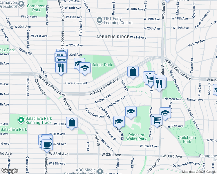 map of restaurants, bars, coffee shops, grocery stores, and more near 2466 West King Edward Avenue in Vancouver