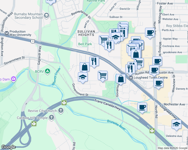 map of restaurants, bars, coffee shops, grocery stores, and more near 3911 Carrigan Court in Burnaby