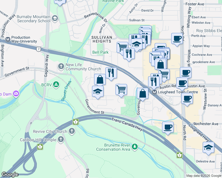map of restaurants, bars, coffee shops, grocery stores, and more near 3911 Carrigan Court in Burnaby