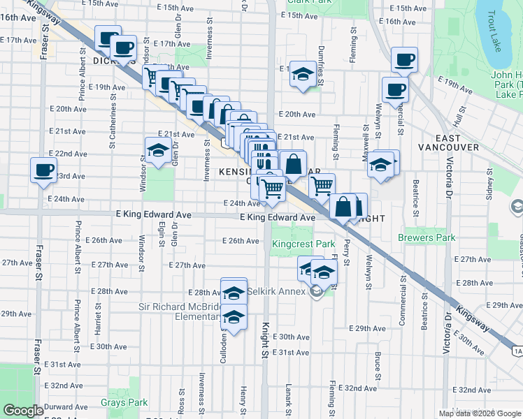 map of restaurants, bars, coffee shops, grocery stores, and more near 4009 Knight Street in Vancouver
