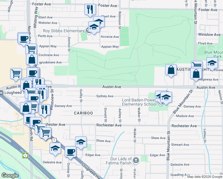 map of restaurants, bars, coffee shops, grocery stores, and more near 720 Austin Avenue in Coquitlam