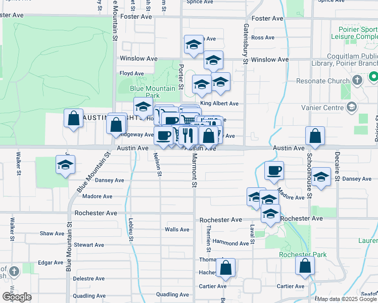 map of restaurants, bars, coffee shops, grocery stores, and more near in Coquitlam