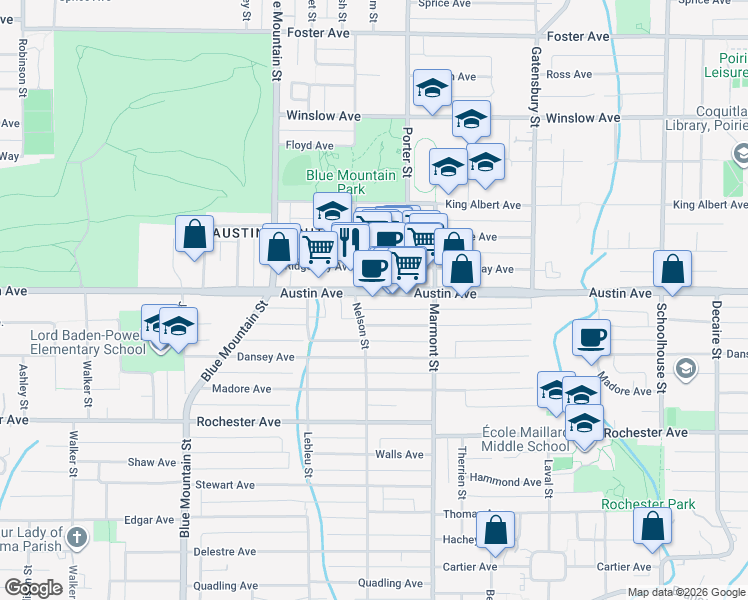 map of restaurants, bars, coffee shops, grocery stores, and more near 1032 Austin Avenue in Coquitlam