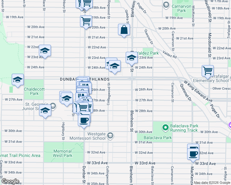 map of restaurants, bars, coffee shops, grocery stores, and more near 3440 West 26th Avenue in Vancouver