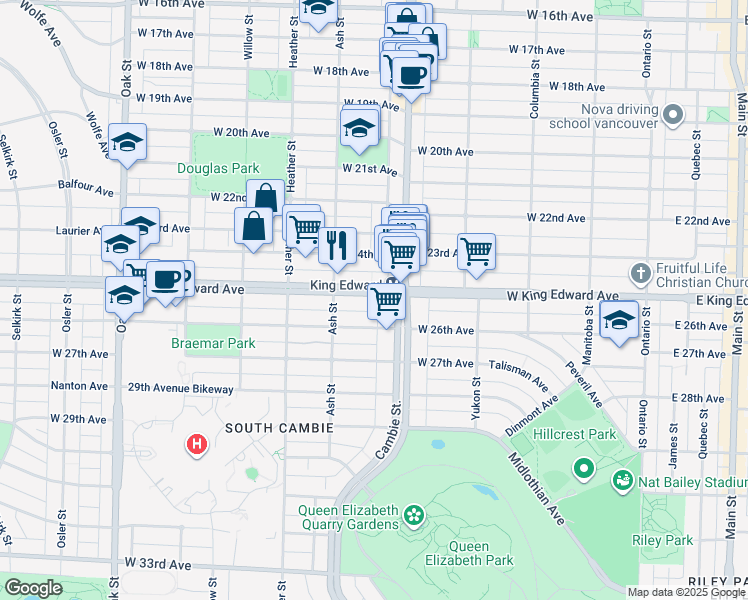 map of restaurants, bars, coffee shops, grocery stores, and more near 528 West King Edward Avenue in Vancouver