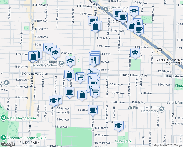 map of restaurants, bars, coffee shops, grocery stores, and more near 4097 Fraser Street in Vancouver