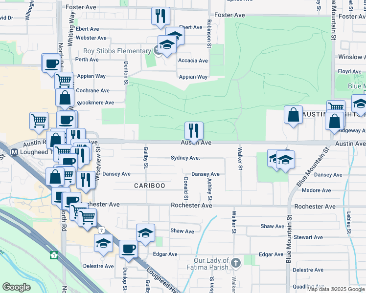 map of restaurants, bars, coffee shops, grocery stores, and more near 708 Austin Avenue in Coquitlam