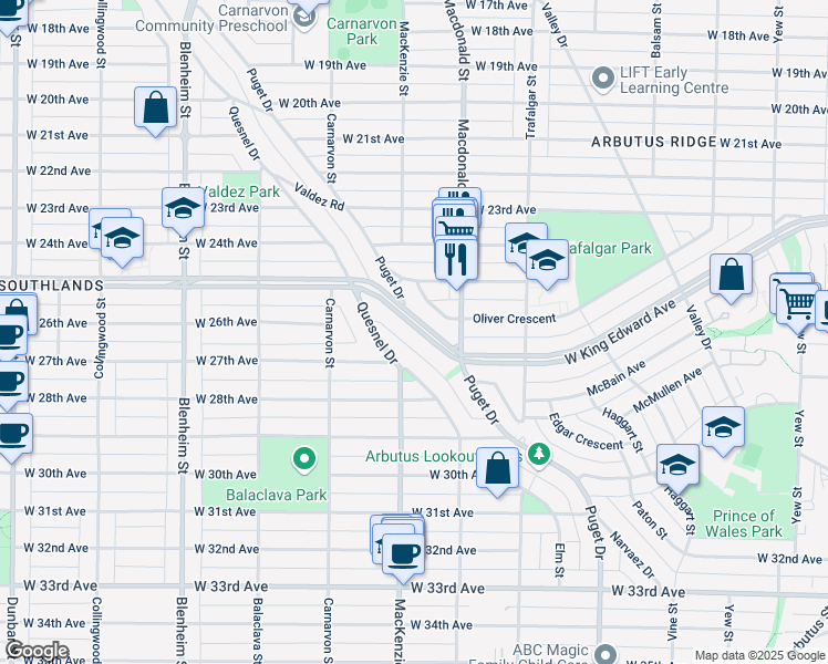 map of restaurants, bars, coffee shops, grocery stores, and more near 2868 West King Edward Avenue in Vancouver