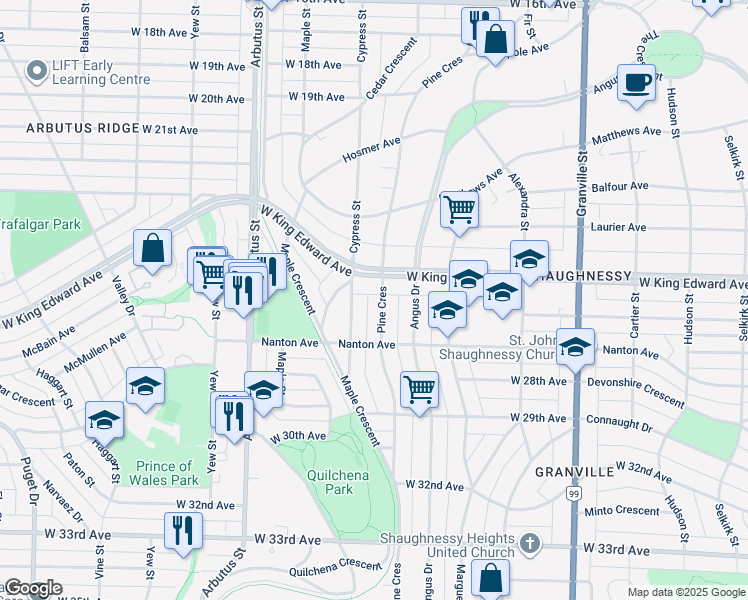 map of restaurants, bars, coffee shops, grocery stores, and more near 4149 Pine Crescent in Vancouver