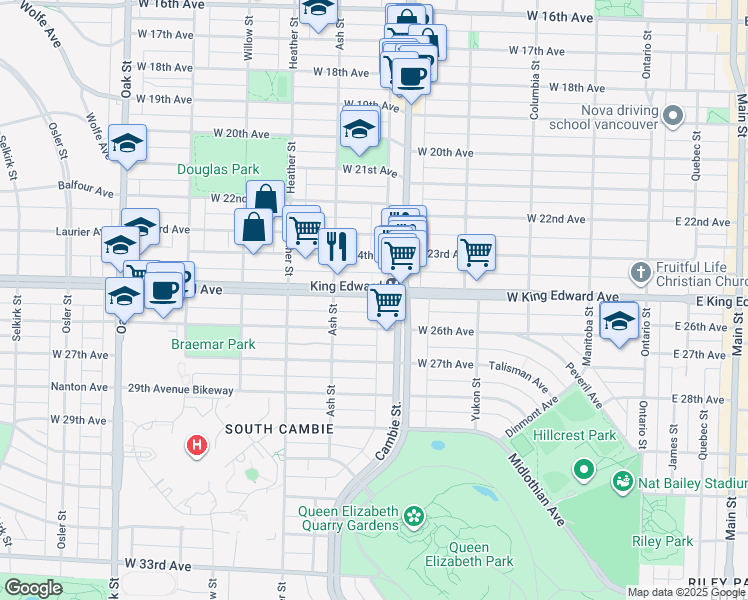 map of restaurants, bars, coffee shops, grocery stores, and more near 528 West King Edward Avenue in Vancouver