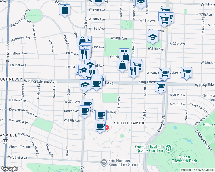 map of restaurants, bars, coffee shops, grocery stores, and more near in Vancouver