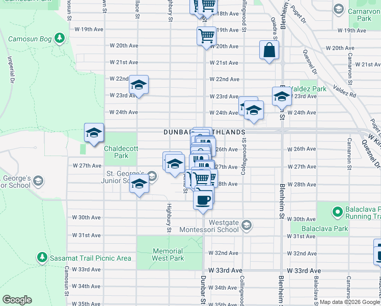 map of restaurants, bars, coffee shops, grocery stores, and more near 3658 West 26th Avenue in Vancouver