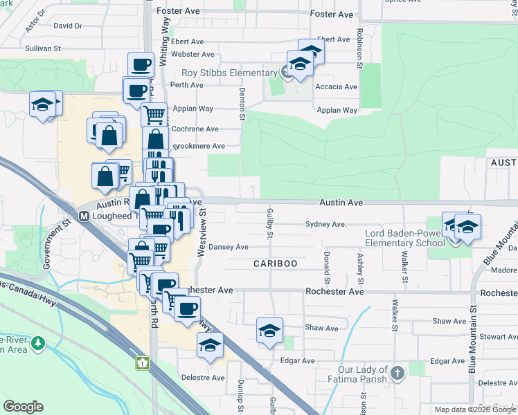 map of restaurants, bars, coffee shops, grocery stores, and more near 610 Austin Avenue in Coquitlam
