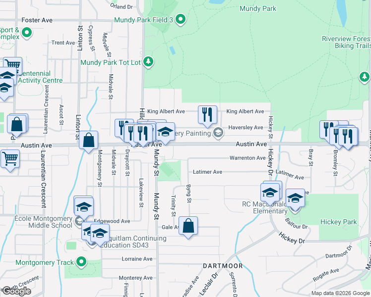 map of restaurants, bars, coffee shops, grocery stores, and more near 2246 Austin Avenue in Coquitlam