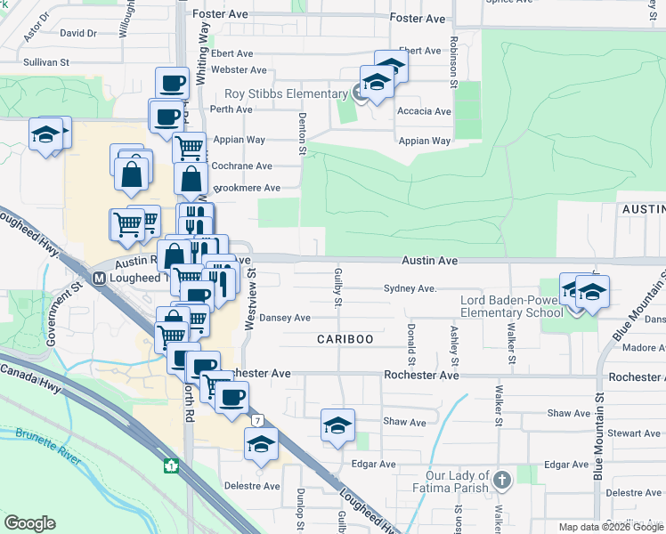 map of restaurants, bars, coffee shops, grocery stores, and more near 616 Austin Avenue in Coquitlam