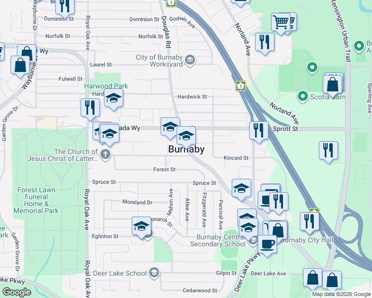 map of restaurants, bars, coffee shops, grocery stores, and more near in Burnaby