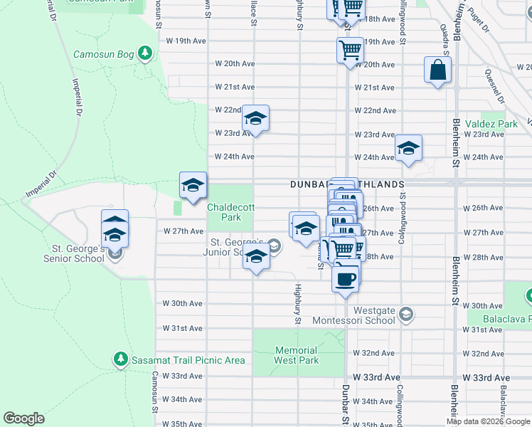 map of restaurants, bars, coffee shops, grocery stores, and more near 3870 West 26th Avenue in Vancouver