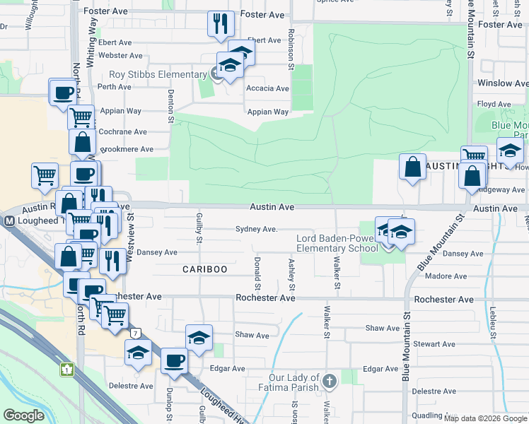 map of restaurants, bars, coffee shops, grocery stores, and more near 716 Austin Avenue in Coquitlam