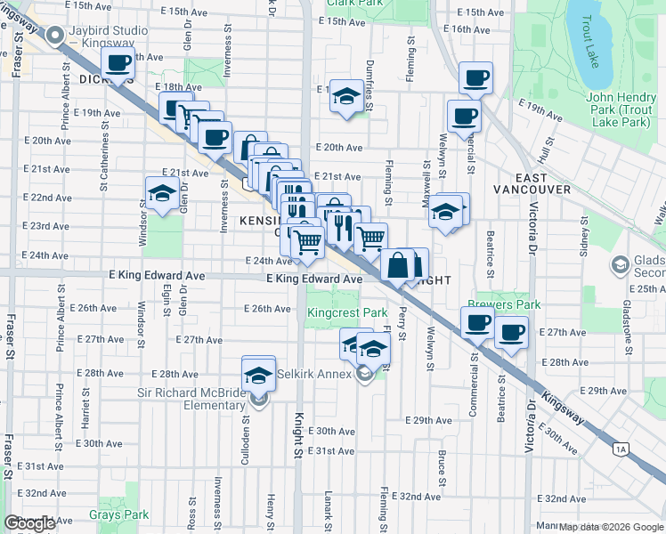 map of restaurants, bars, coffee shops, grocery stores, and more near in Vancouver