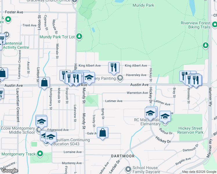 map of restaurants, bars, coffee shops, grocery stores, and more near 2286 Austin Avenue in Coquitlam