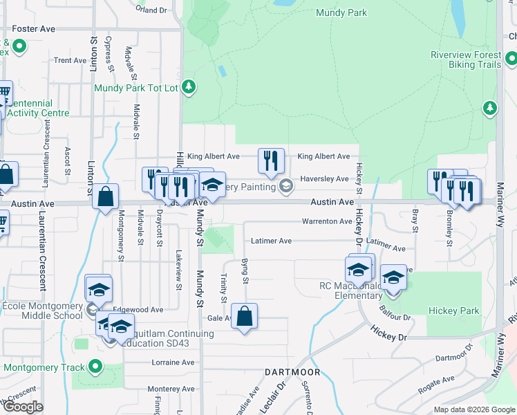 map of restaurants, bars, coffee shops, grocery stores, and more near 2286 Austin Avenue in Coquitlam