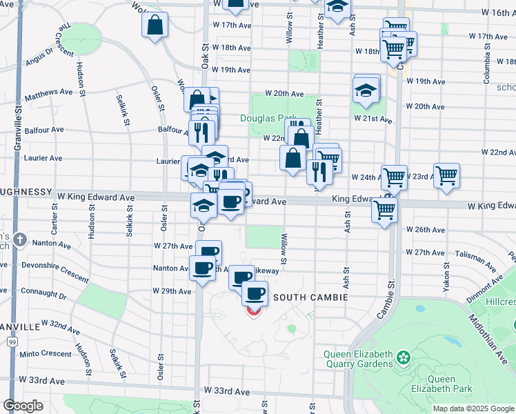 map of restaurants, bars, coffee shops, grocery stores, and more near 876 West King Edward Avenue in Vancouver