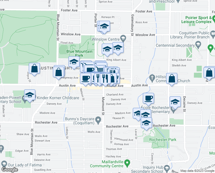 map of restaurants, bars, coffee shops, grocery stores, and more near 1102 Ridgeway Avenue in Coquitlam