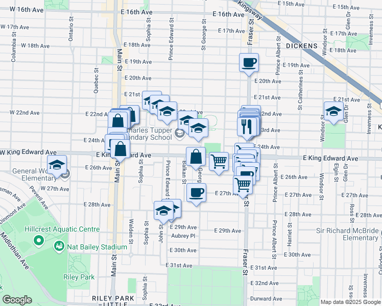 map of restaurants, bars, coffee shops, grocery stores, and more near 475 East King Edward Avenue in Vancouver