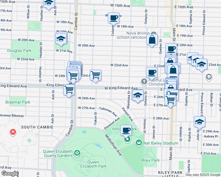 map of restaurants, bars, coffee shops, grocery stores, and more near 202 West King Edward Avenue in Vancouver